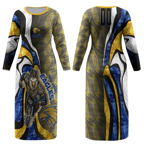 Personalised West Coast Eagles Family Matching Long Sleeve Bodycon Dress and Hawaiian Shirt Trippy Psychedelic Abstract Art Mascot Football Fans