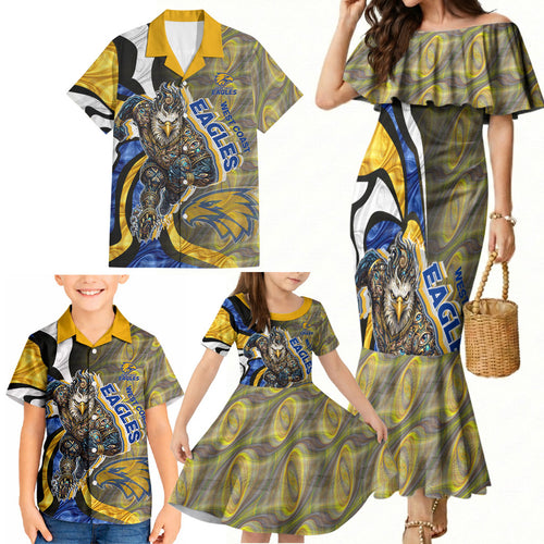 Personalised West Coast Eagles Family Matching Mermaid Dress and Hawaiian Shirt Trippy Psychedelic Abstract Art Mascot Football Fans