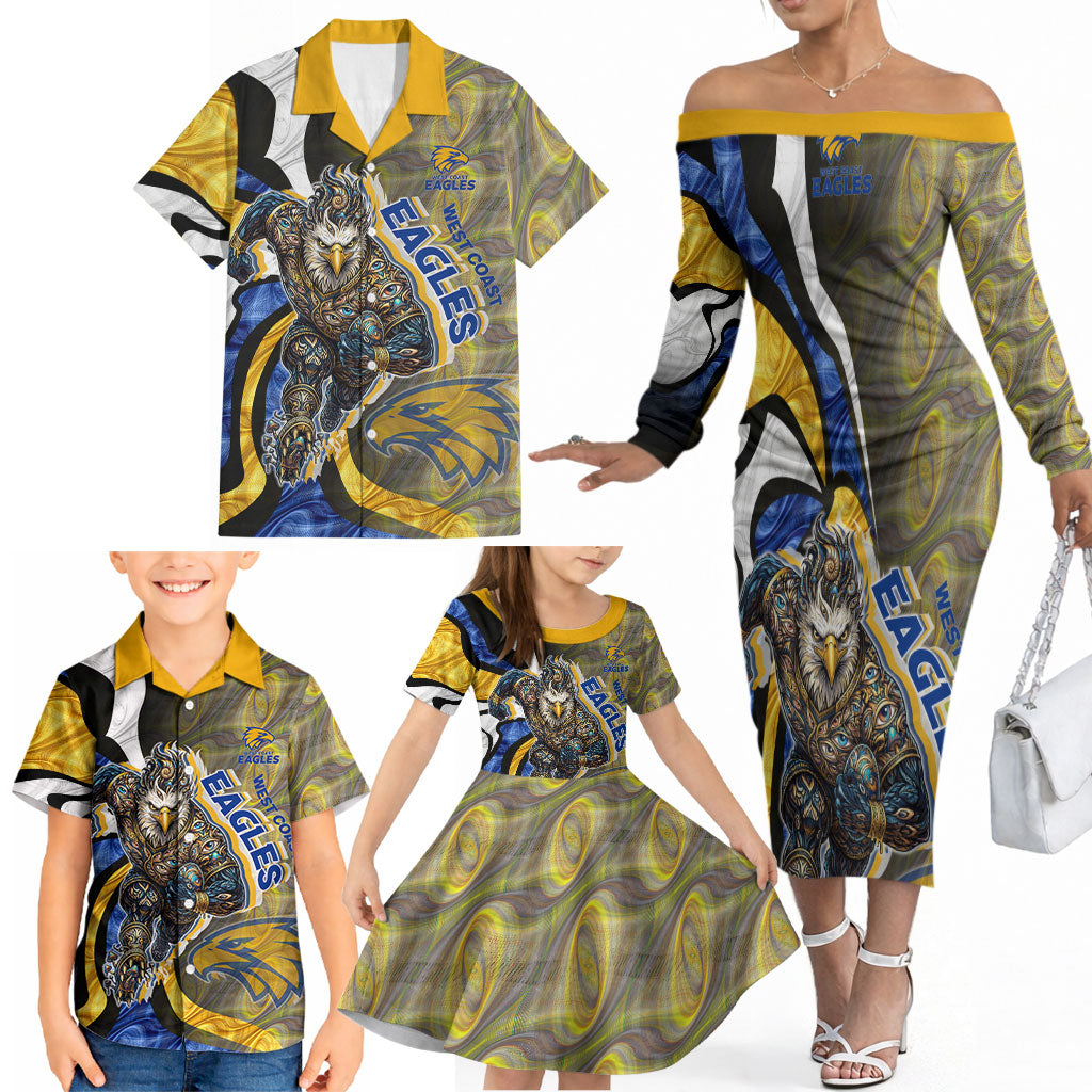 Personalised West Coast Eagles Family Matching Off The Shoulder Long Sleeve Dress and Hawaiian Shirt Trippy Psychedelic Abstract Art Mascot Football Fans
