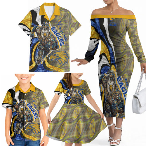 Personalised West Coast Eagles Family Matching Off The Shoulder Long Sleeve Dress and Hawaiian Shirt Trippy Psychedelic Abstract Art Mascot Football Fans