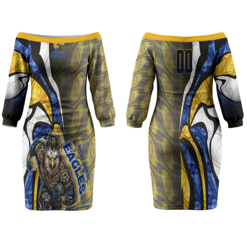 Personalised West Coast Eagles Family Matching Off The Shoulder Long Sleeve Dress and Hawaiian Shirt Trippy Psychedelic Abstract Art Mascot Football Fans