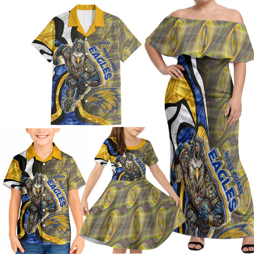 Personalised West Coast Eagles Family Matching Off Shoulder Maxi Dress and Hawaiian Shirt Trippy Psychedelic Abstract Art Mascot Football Fans