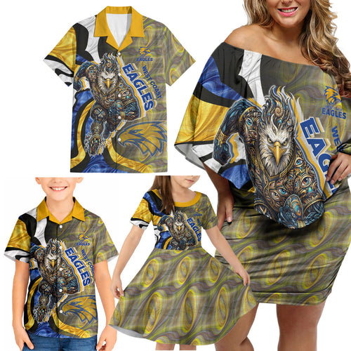 Personalised West Coast Eagles Family Matching Off Shoulder Short Dress and Hawaiian Shirt Trippy Psychedelic Abstract Art Mascot Football Fans