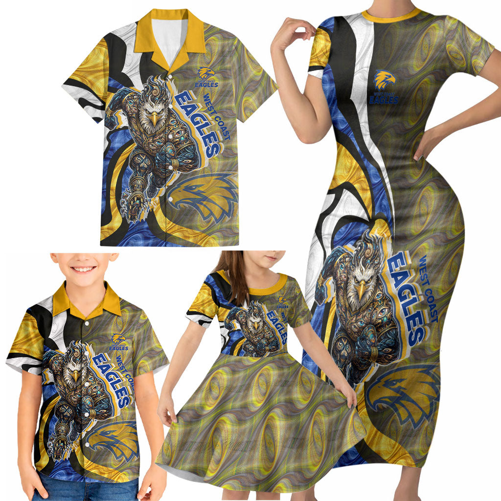Personalised West Coast Eagles Family Matching Short Sleeve Bodycon Dress and Hawaiian Shirt Trippy Psychedelic Abstract Art Mascot Football Fans