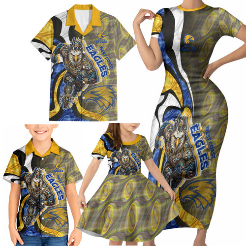 Personalised West Coast Eagles Family Matching Short Sleeve Bodycon Dress and Hawaiian Shirt Trippy Psychedelic Abstract Art Mascot Football Fans