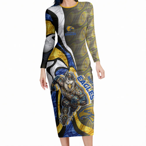 Personalised West Coast Eagles Long Sleeve Bodycon Dress Trippy Psychedelic Abstract Art Mascot Football Fans
