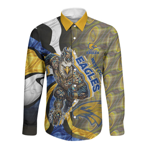 Personalised West Coast Eagles Long Sleeve Button Shirt Trippy Psychedelic Abstract Art Mascot Football Fans