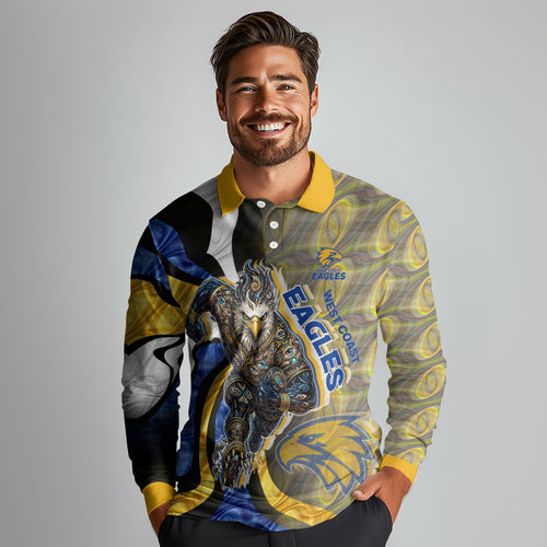 Personalised West Coast Eagles Long Sleeve Polo Shirt Trippy Psychedelic Abstract Art Mascot Football Fans