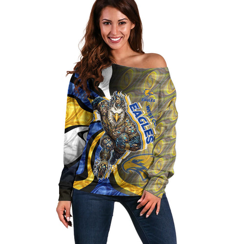 Personalised West Coast Eagles Off Shoulder Sweater Trippy Psychedelic Abstract Art Mascot Football Fans