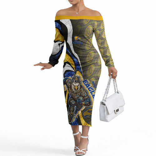 Personalised West Coast Eagles Off The Shoulder Long Sleeve Dress Trippy Psychedelic Abstract Art Mascot Football Fans
