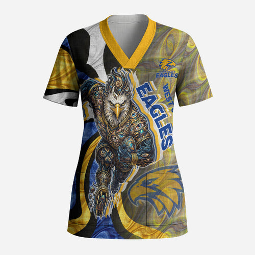 Personalised West Coast Eagles Scrub Top Trippy Psychedelic Abstract Art Mascot Football Fans