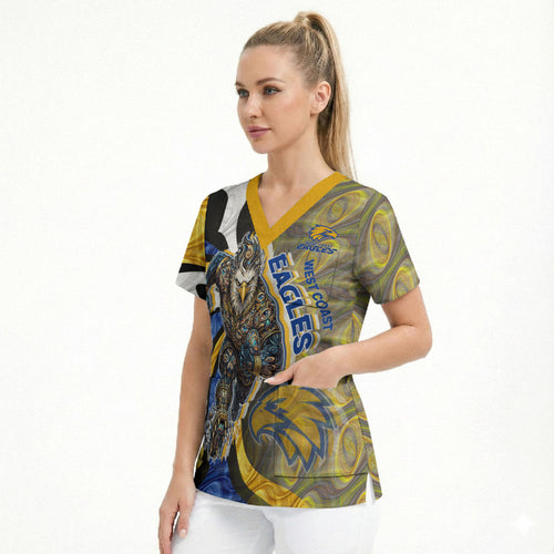 Personalised West Coast Eagles Scrub Top Trippy Psychedelic Abstract Art Mascot Football Fans