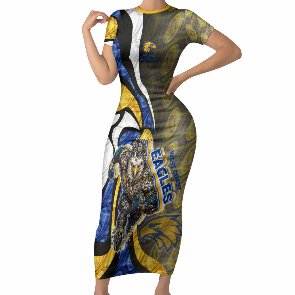 Personalised West Coast Eagles Short Sleeve Bodycon Dress Trippy Psychedelic Abstract Art Mascot Football Fans