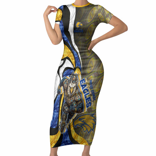 Personalised West Coast Eagles Short Sleeve Bodycon Dress Trippy Psychedelic Abstract Art Mascot Football Fans