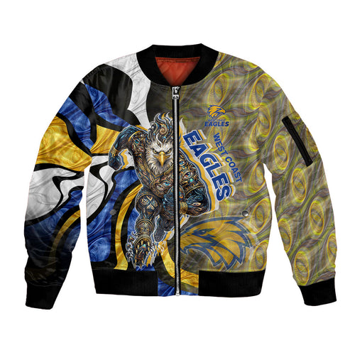 Personalised West Coast Eagles Sleeve Zip Bomber Jacket Trippy Psychedelic Abstract Art Mascot Football Fans