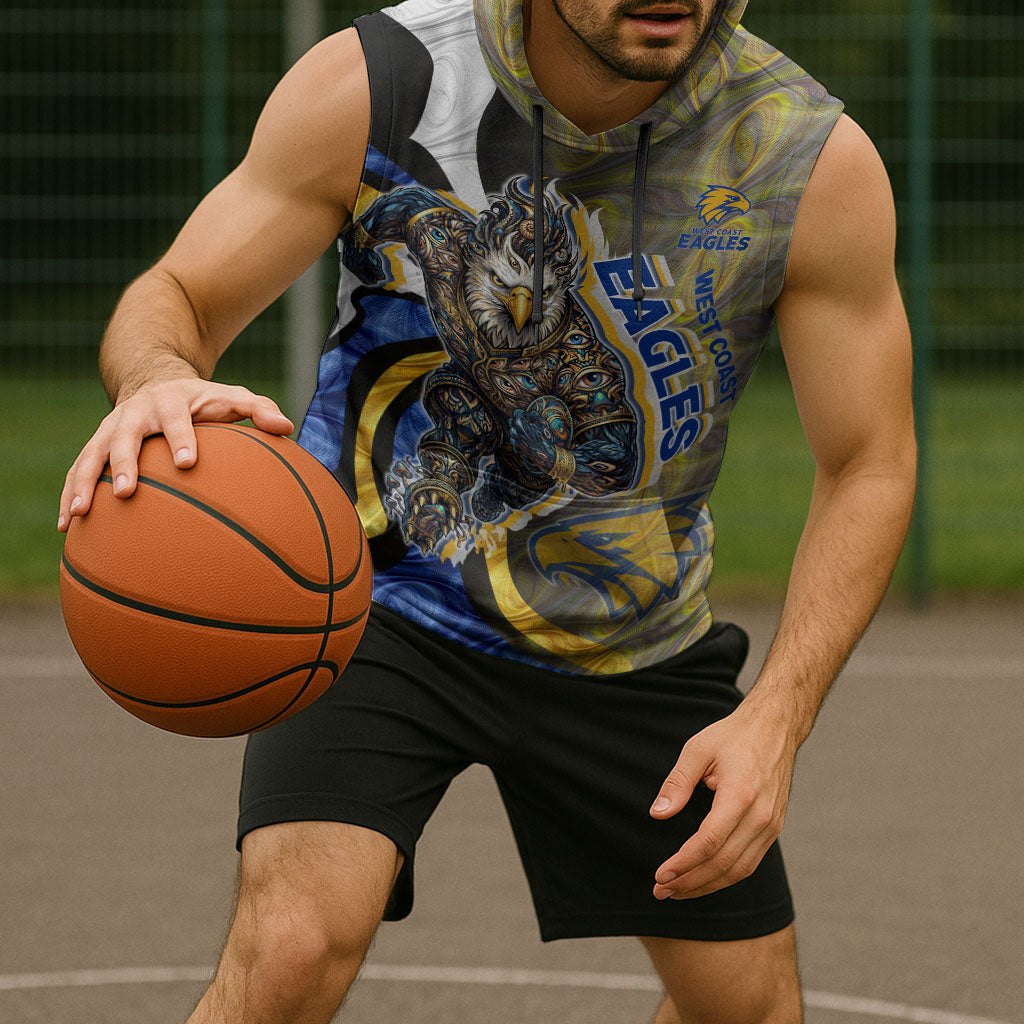 Personalised West Coast Eagles Sleeveless Hoodie Trippy Psychedelic Abstract Art Mascot Football Fans