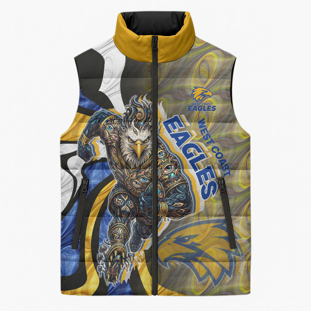 Personalised West Coast Eagles Sleeveless Puffer Jacket Trippy Psychedelic Abstract Art Mascot Football Fans