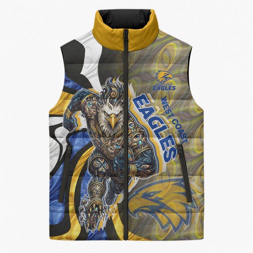 Personalised West Coast Eagles Sleeveless Puffer Jacket Trippy Psychedelic Abstract Art Mascot Football Fans