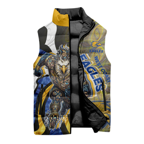 Personalised West Coast Eagles Sleeveless Puffer Jacket Trippy Psychedelic Abstract Art Mascot Football Fans