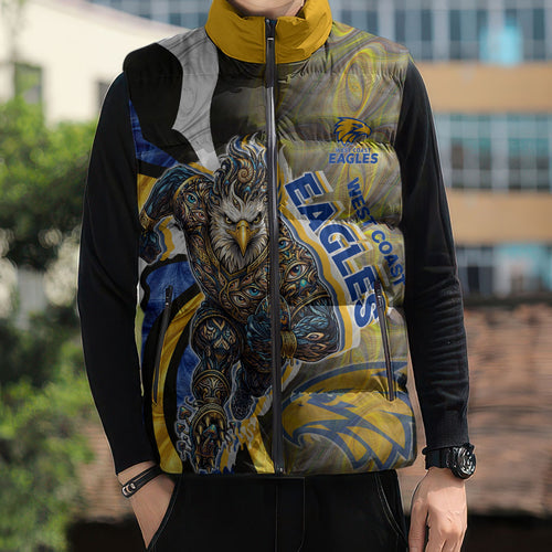Personalised West Coast Eagles Sleeveless Puffer Jacket Trippy Psychedelic Abstract Art Mascot Football Fans