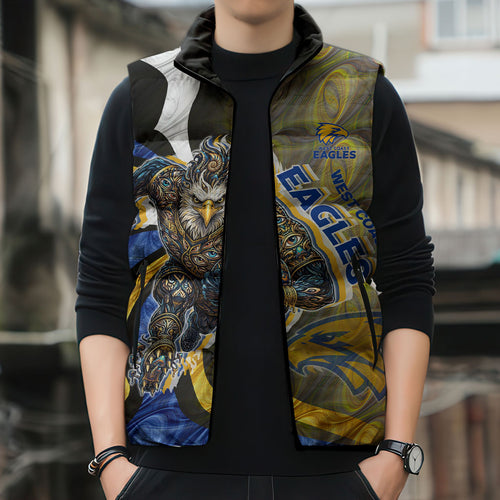 Personalised West Coast Eagles Sleeveless Puffer Jacket Trippy Psychedelic Abstract Art Mascot Football Fans