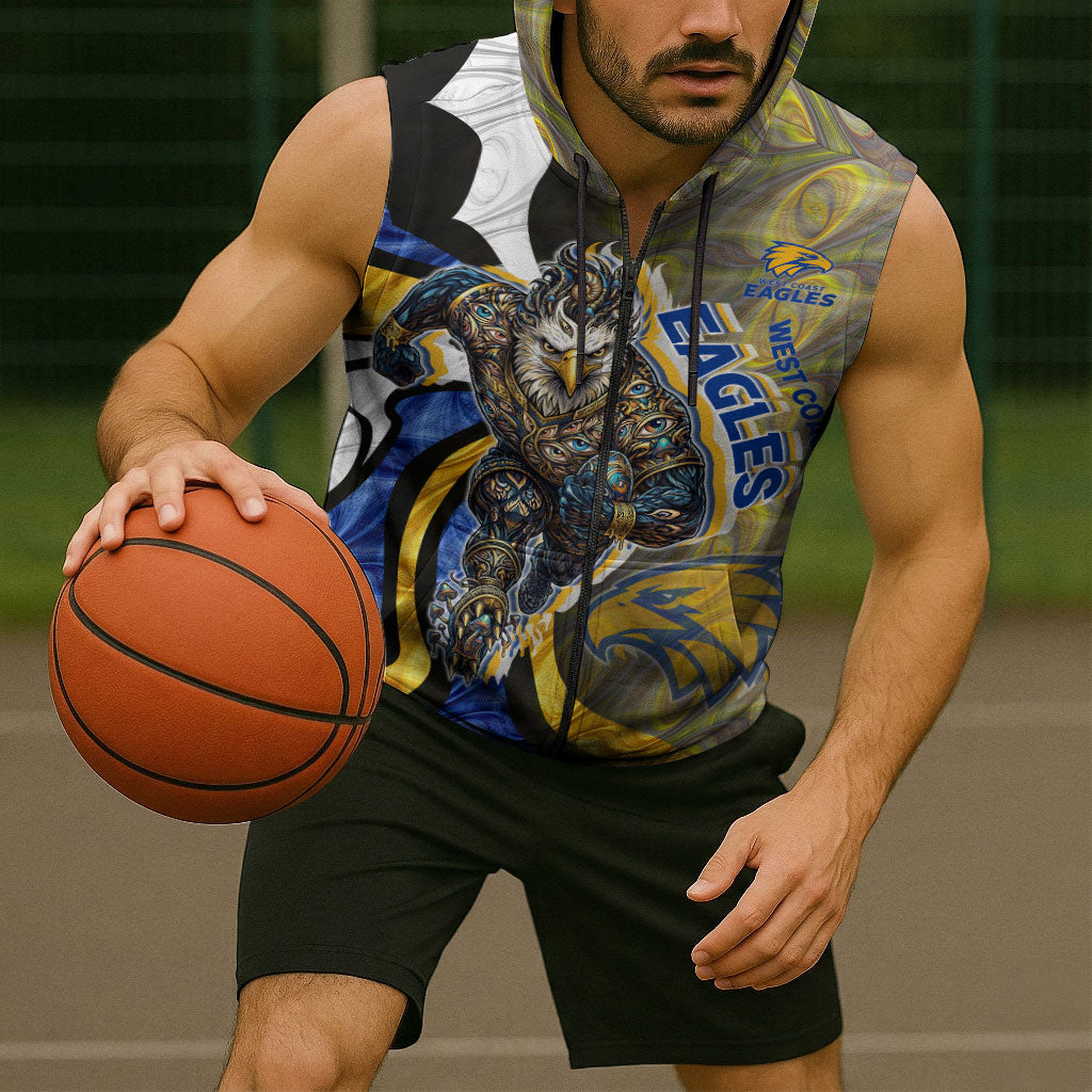Personalised West Coast Eagles Sleeveless Zip Hoodie Trippy Psychedelic Abstract Art Mascot Football Fans