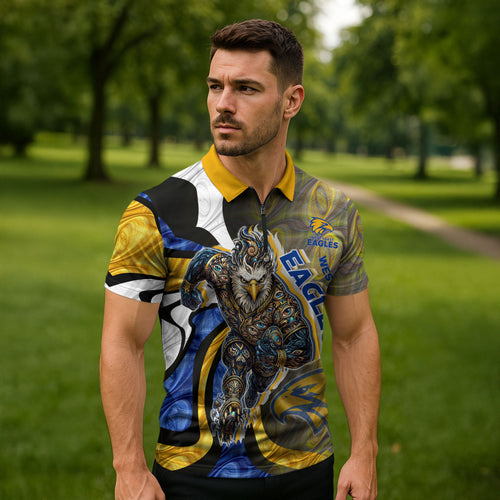 Personalised West Coast Eagles Zipper Polo Shirt Trippy Psychedelic Abstract Art Mascot Football Fans