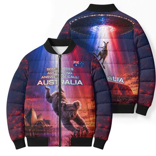 Australia Koala And Kangaroo UFO Bomber Puffer Jacket Sci-Fi Galaxy Opera House And Uluru