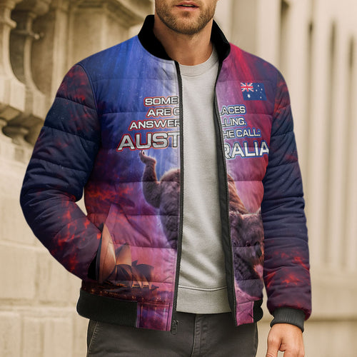 Australia Koala And Kangaroo UFO Bomber Puffer Jacket Sci-Fi Galaxy Opera House And Uluru