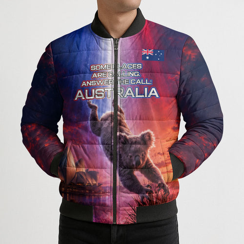 Australia Koala And Kangaroo UFO Bomber Puffer Jacket Sci-Fi Galaxy Opera House And Uluru