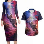 Australia Koala And Kangaroo UFO Couples Matching Long Sleeve Bodycon Dress and Hawaiian Shirt Sci-Fi Galaxy Opera House And Uluru