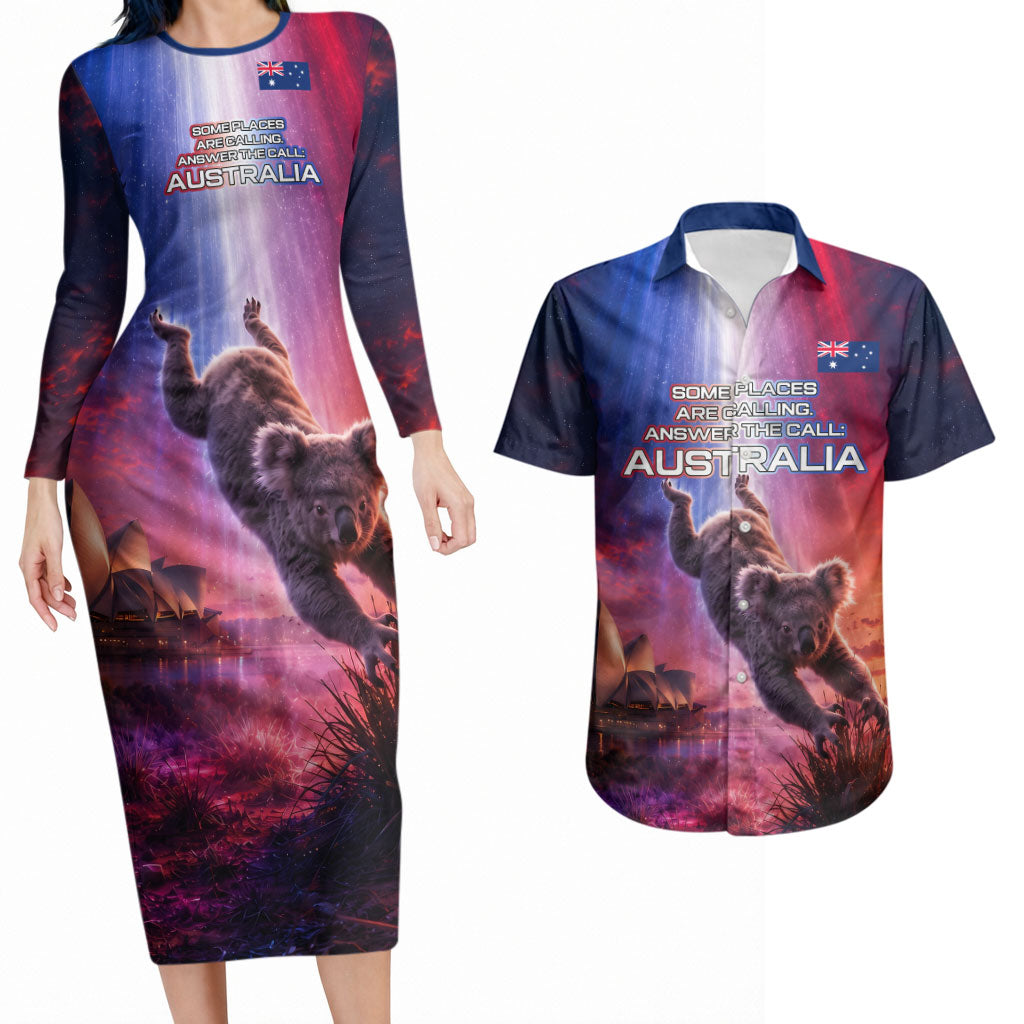 Australia Koala And Kangaroo UFO Couples Matching Long Sleeve Bodycon Dress and Hawaiian Shirt Sci-Fi Galaxy Opera House And Uluru