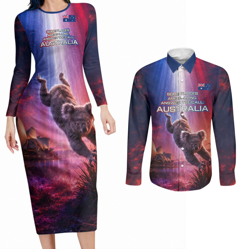 Australia Koala And Kangaroo UFO Couples Matching Long Sleeve Bodycon Dress and Long Sleeve Button Shirt Sci-Fi Galaxy Opera House And Uluru