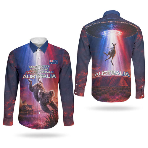 Australia Koala And Kangaroo UFO Couples Matching Long Sleeve Bodycon Dress and Long Sleeve Button Shirt Sci-Fi Galaxy Opera House And Uluru