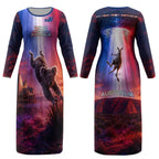 Australia Koala And Kangaroo UFO Couples Matching Long Sleeve Bodycon Dress and Long Sleeve Button Shirt Sci-Fi Galaxy Opera House And Uluru