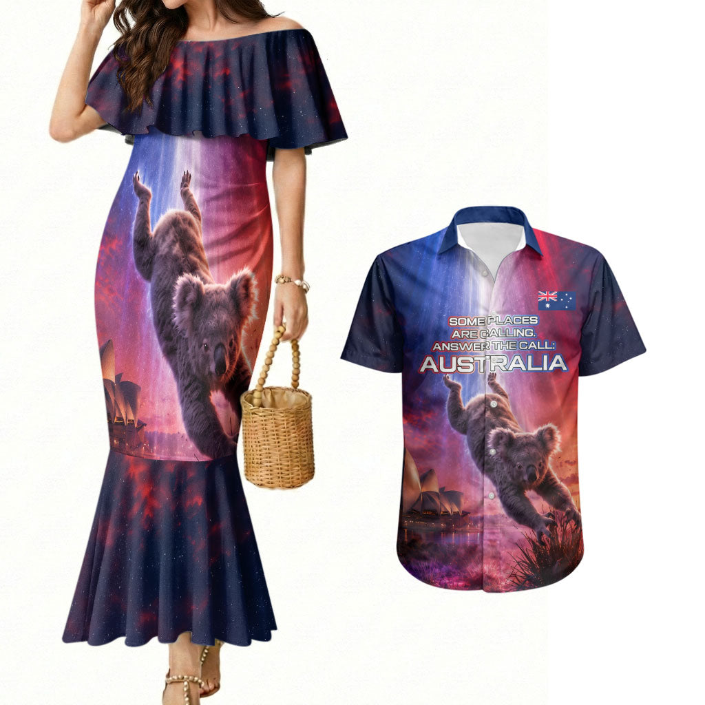 Australia Koala And Kangaroo UFO Couples Matching Mermaid Dress and Hawaiian Shirt Sci-Fi Galaxy Opera House And Uluru