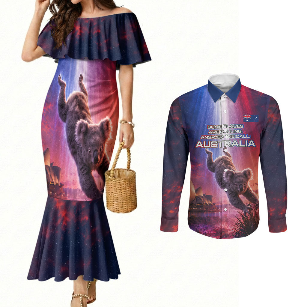 Australia Koala And Kangaroo UFO Couples Matching Mermaid Dress and Long Sleeve Button Shirt Sci-Fi Galaxy Opera House And Uluru