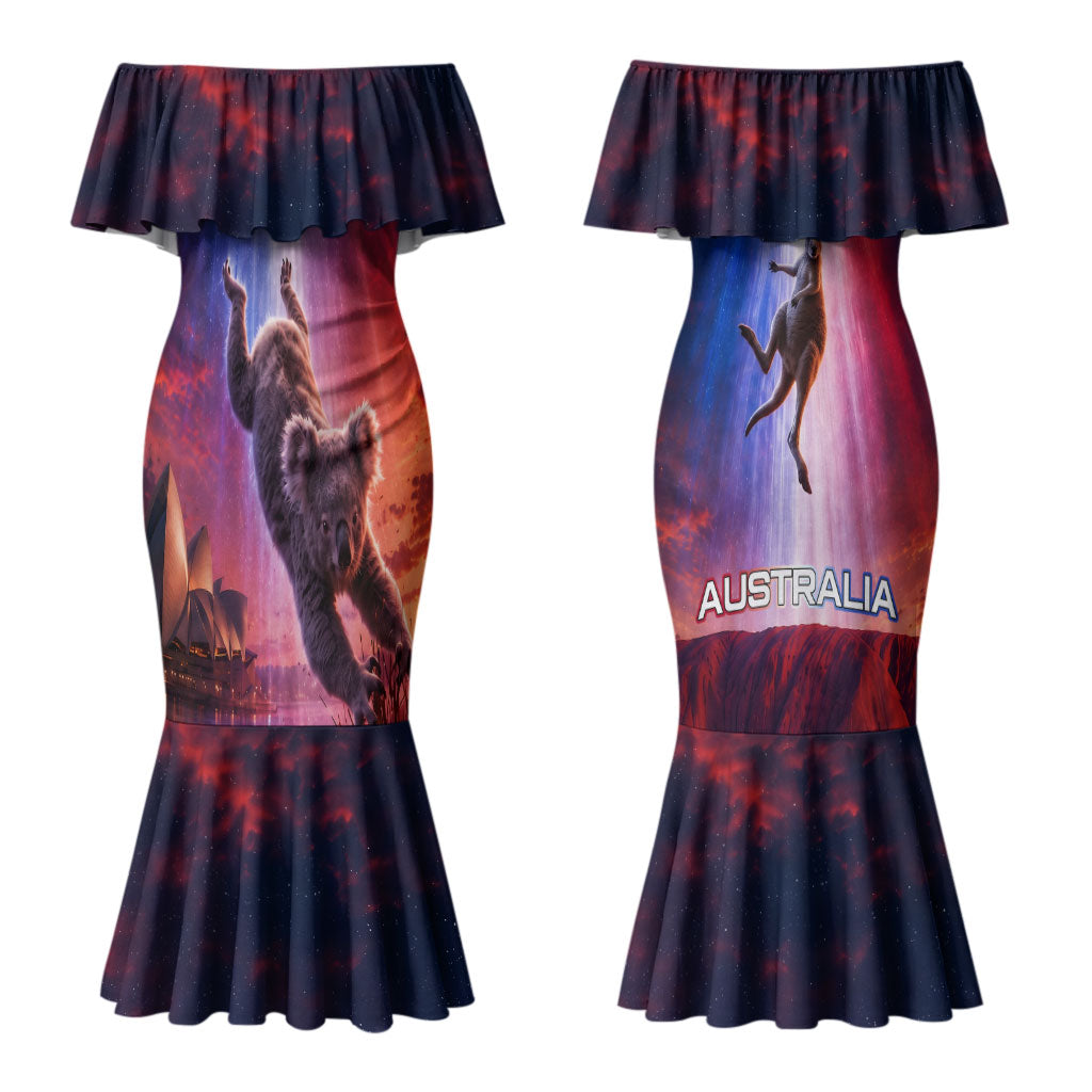 Australia Koala And Kangaroo UFO Couples Matching Mermaid Dress and Long Sleeve Button Shirt Sci-Fi Galaxy Opera House And Uluru