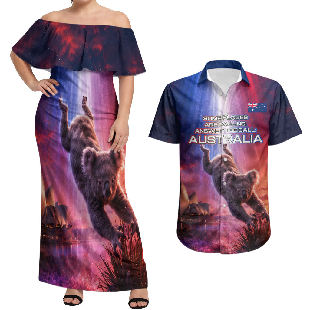 Australia Koala And Kangaroo UFO Couples Matching Off Shoulder Maxi Dress and Hawaiian Shirt Sci-Fi Galaxy Opera House And Uluru