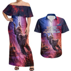 Australia Koala And Kangaroo UFO Couples Matching Off Shoulder Maxi Dress and Hawaiian Shirt Sci-Fi Galaxy Opera House And Uluru