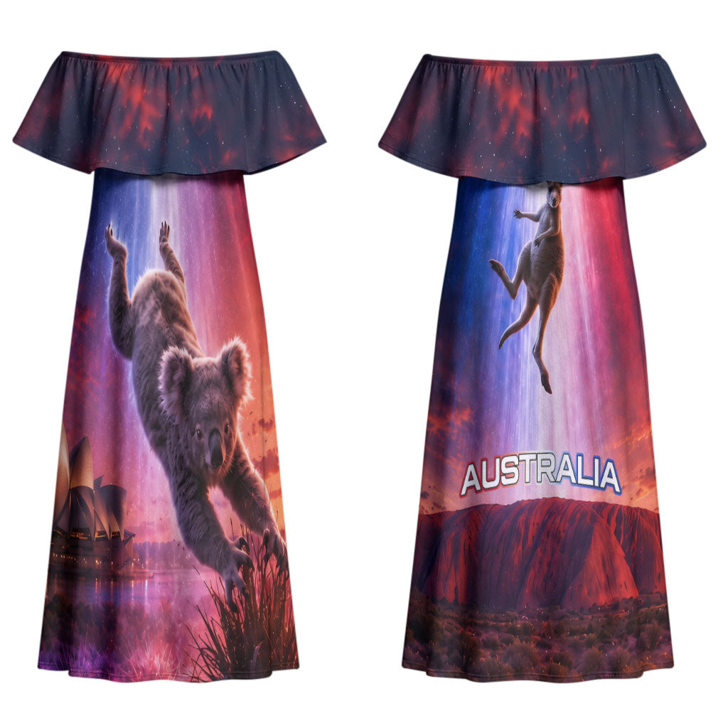 Australia Koala And Kangaroo UFO Couples Matching Off Shoulder Maxi Dress and Hawaiian Shirt Sci-Fi Galaxy Opera House And Uluru