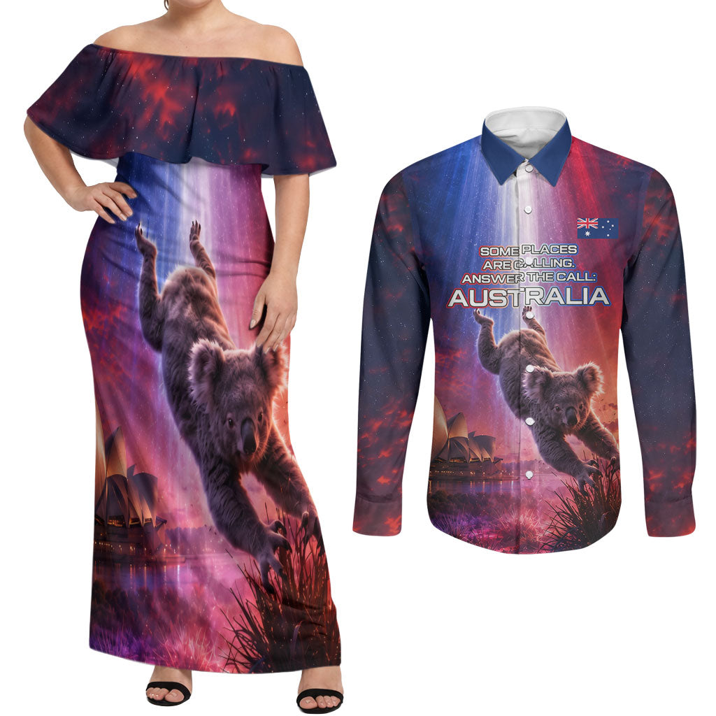 Australia Koala And Kangaroo UFO Couples Matching Off Shoulder Maxi Dress and Long Sleeve Button Shirt Sci-Fi Galaxy Opera House And Uluru