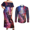 Australia Koala And Kangaroo UFO Couples Matching Off Shoulder Maxi Dress and Long Sleeve Button Shirt Sci-Fi Galaxy Opera House And Uluru
