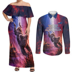 Australia Koala And Kangaroo UFO Couples Matching Off Shoulder Maxi Dress and Long Sleeve Button Shirt Sci-Fi Galaxy Opera House And Uluru