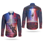 Australia Koala And Kangaroo UFO Couples Matching Off Shoulder Maxi Dress and Long Sleeve Button Shirt Sci-Fi Galaxy Opera House And Uluru