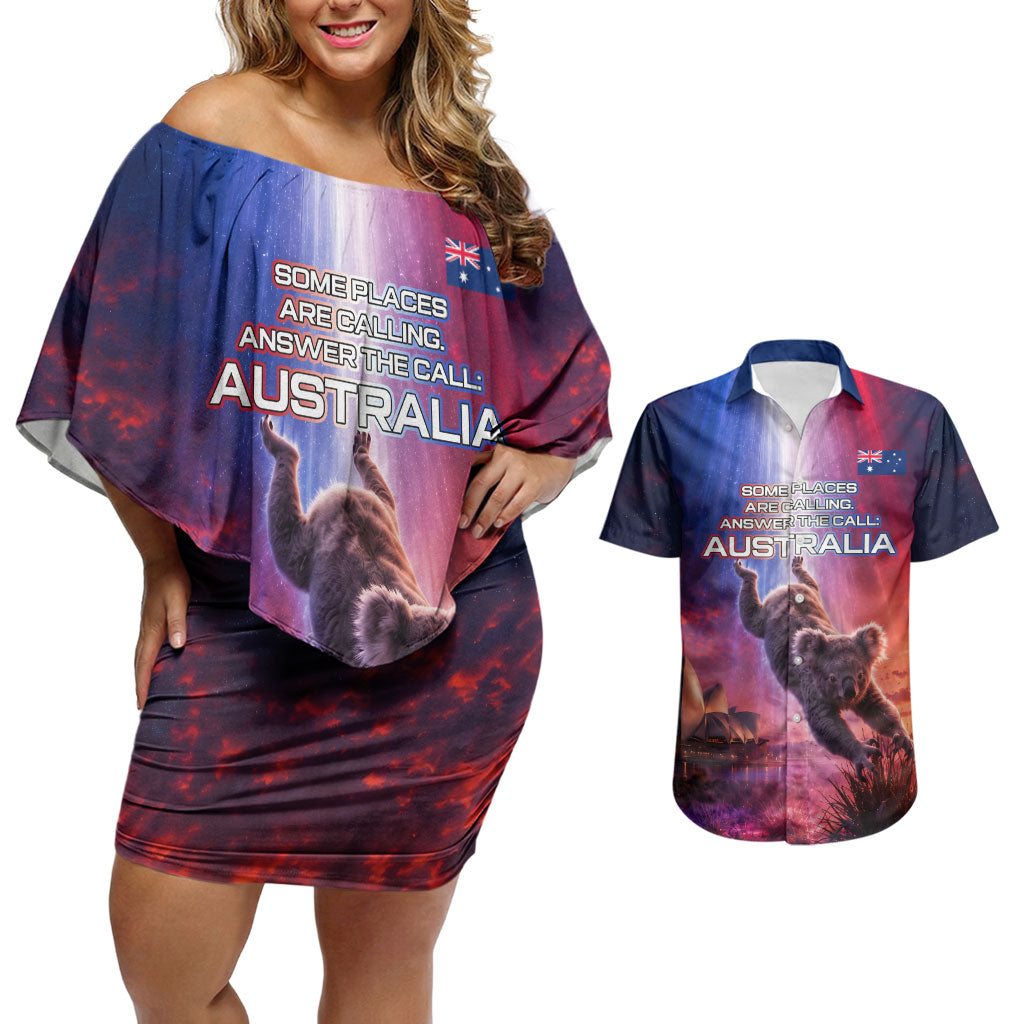 Australia Koala And Kangaroo UFO Couples Matching Off Shoulder Short Dress and Hawaiian Shirt Sci-Fi Galaxy Opera House And Uluru