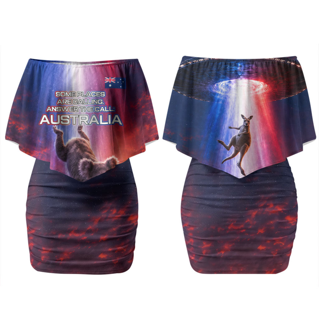 Australia Koala And Kangaroo UFO Couples Matching Off Shoulder Short Dress and Hawaiian Shirt Sci-Fi Galaxy Opera House And Uluru
