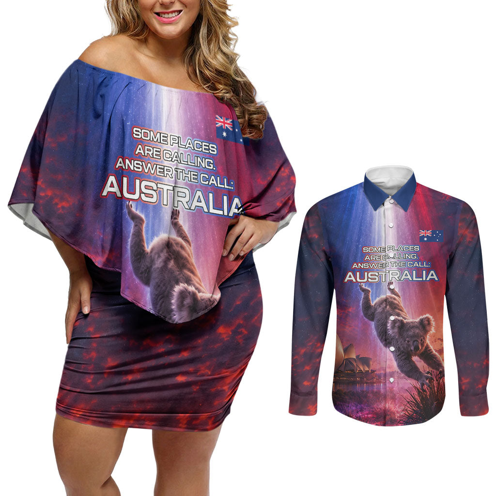 Australia Koala And Kangaroo UFO Couples Matching Off Shoulder Short Dress and Long Sleeve Button Shirt Sci-Fi Galaxy Opera House And Uluru
