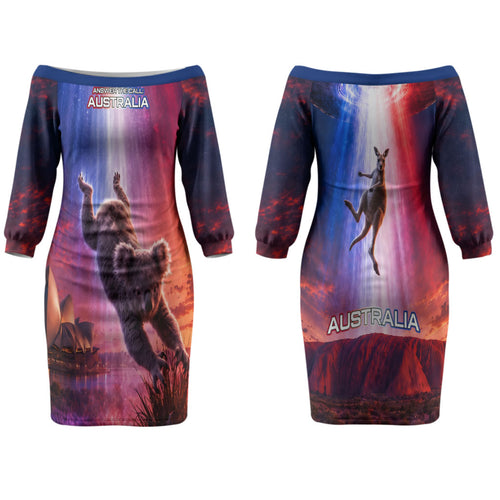 Australia Koala And Kangaroo UFO Couples Matching Off The Shoulder Long Sleeve Dress and Hawaiian Shirt Sci-Fi Galaxy Opera House And Uluru