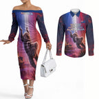 Australia Koala And Kangaroo UFO Couples Matching Off The Shoulder Long Sleeve Dress and Long Sleeve Button Shirt Sci-Fi Galaxy Opera House And Uluru